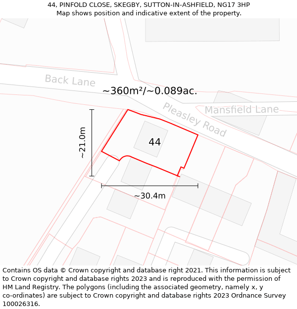 44, PINFOLD CLOSE, SKEGBY, SUTTON-IN-ASHFIELD, NG17 3HP: Plot and title map