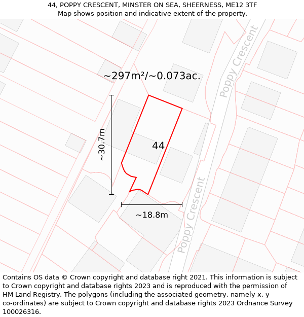 44, POPPY CRESCENT, MINSTER ON SEA, SHEERNESS, ME12 3TF: Plot and title map