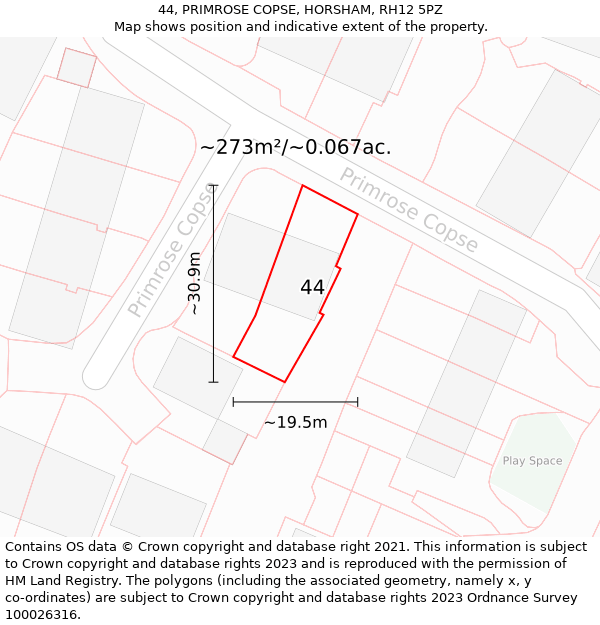 44, PRIMROSE COPSE, HORSHAM, RH12 5PZ: Plot and title map