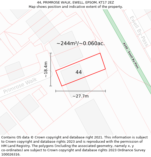 44, PRIMROSE WALK, EWELL, EPSOM, KT17 2EZ: Plot and title map