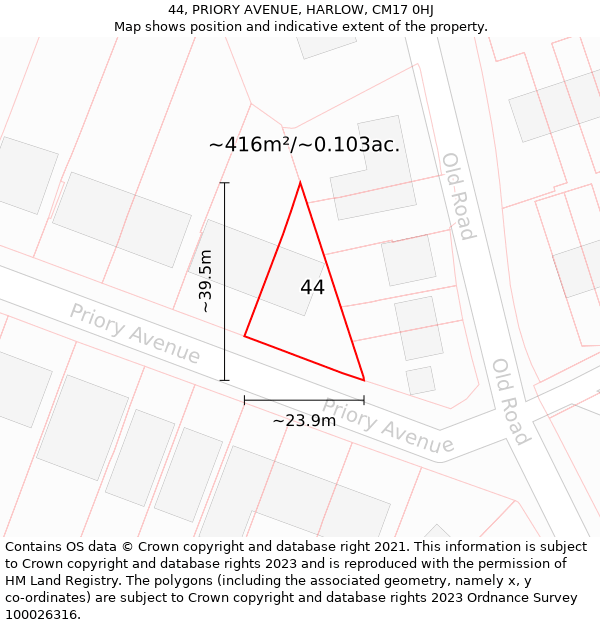 44, PRIORY AVENUE, HARLOW, CM17 0HJ: Plot and title map