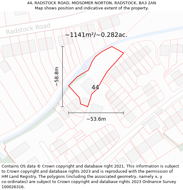 44, RADSTOCK ROAD, MIDSOMER NORTON, RADSTOCK, BA3 2AN: Plot and title map