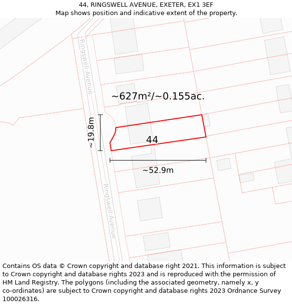 44, RINGSWELL AVENUE, EXETER, EX1 3EF: Plot and title map