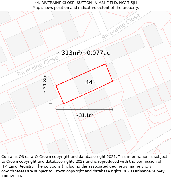 44, RIVERAINE CLOSE, SUTTON-IN-ASHFIELD, NG17 5JH: Plot and title map