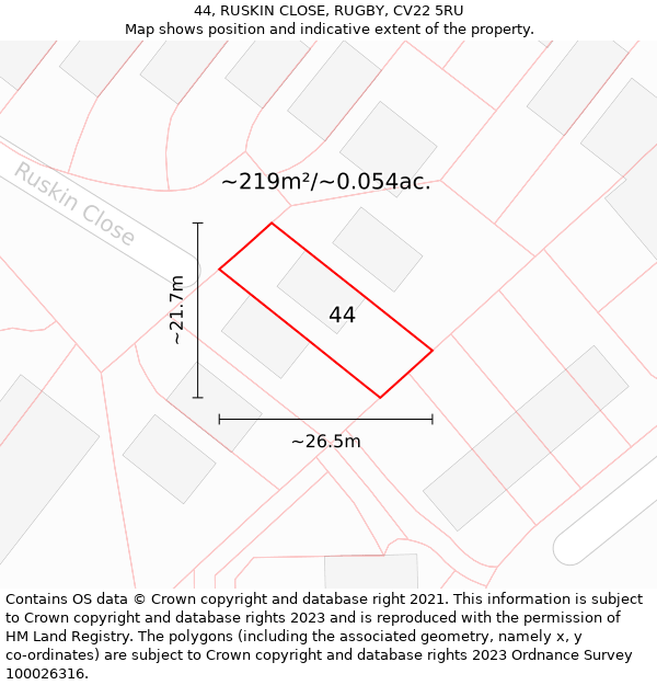 44, RUSKIN CLOSE, RUGBY, CV22 5RU: Plot and title map