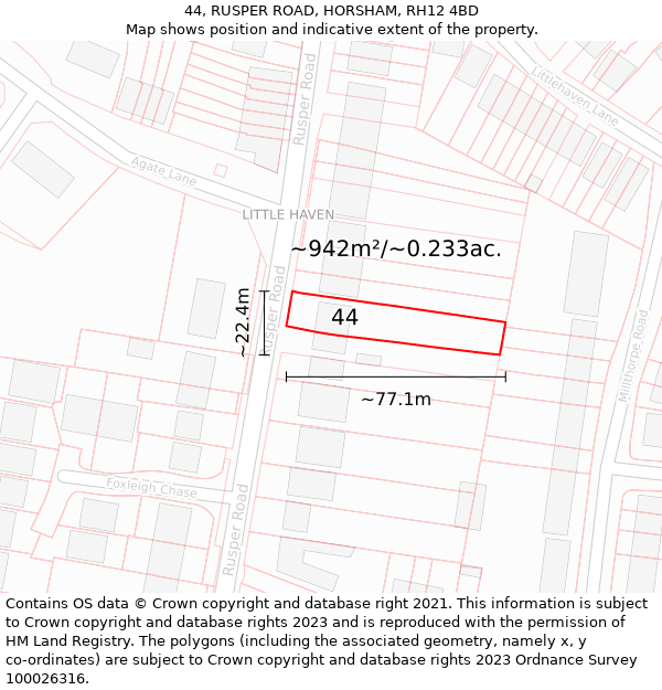 44, RUSPER ROAD, HORSHAM, RH12 4BD: Plot and title map