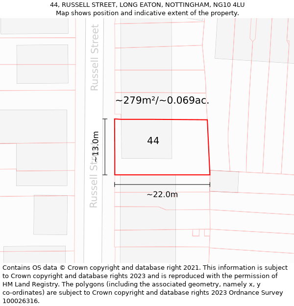 44, RUSSELL STREET, LONG EATON, NOTTINGHAM, NG10 4LU: Plot and title map