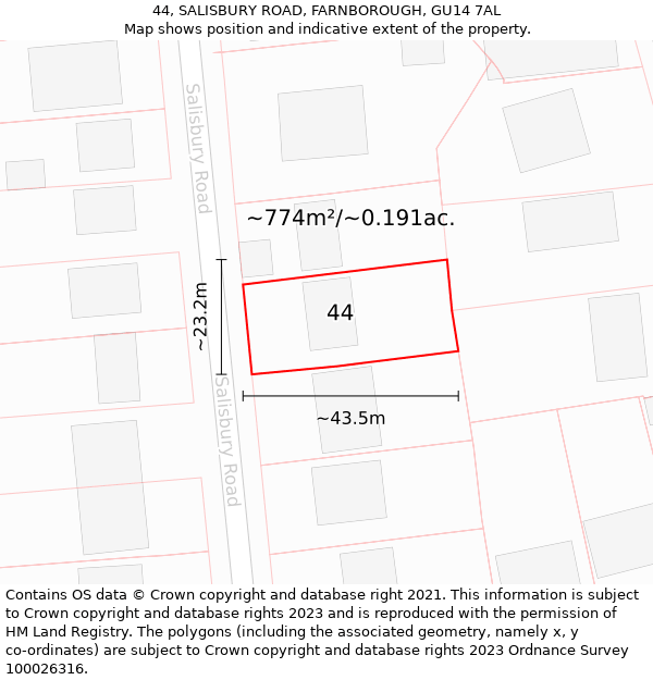 44, SALISBURY ROAD, FARNBOROUGH, GU14 7AL: Plot and title map