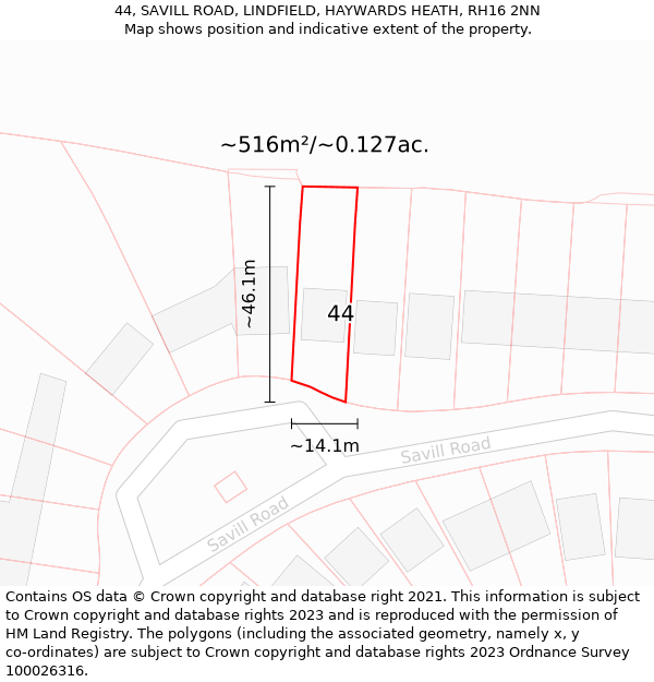 44, SAVILL ROAD, LINDFIELD, HAYWARDS HEATH, RH16 2NN: Plot and title map