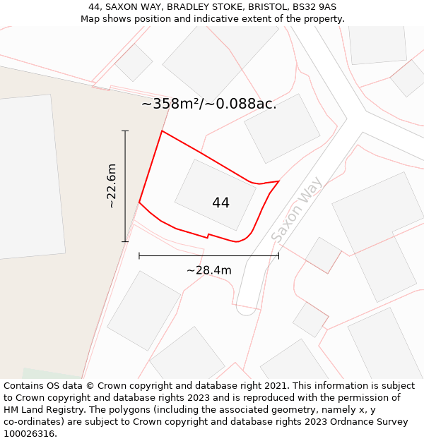 44, SAXON WAY, BRADLEY STOKE, BRISTOL, BS32 9AS: Plot and title map