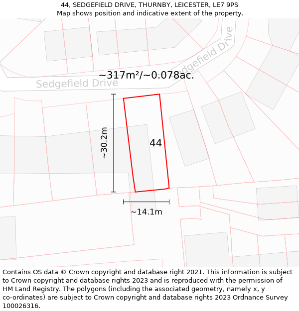 44, SEDGEFIELD DRIVE, THURNBY, LEICESTER, LE7 9PS: Plot and title map