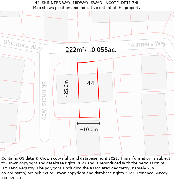 44, SKINNERS WAY, MIDWAY, SWADLINCOTE, DE11 7NL: Plot and title map