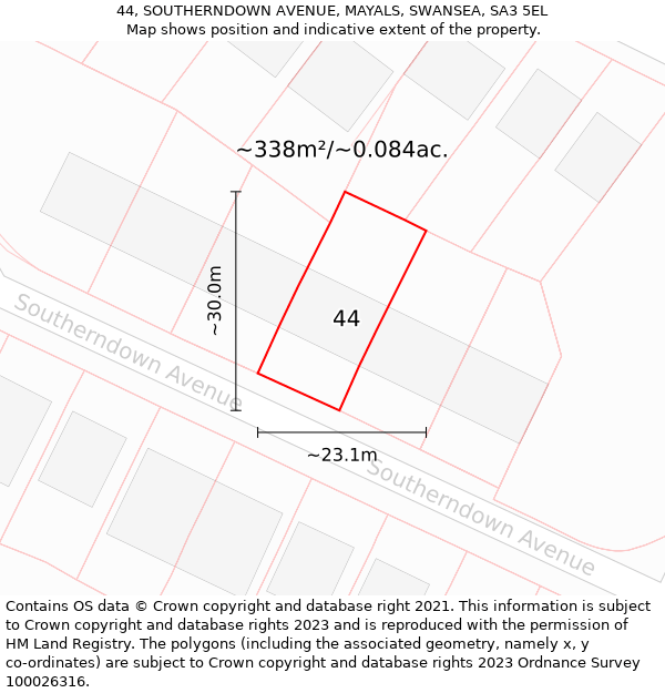 44, SOUTHERNDOWN AVENUE, MAYALS, SWANSEA, SA3 5EL: Plot and title map