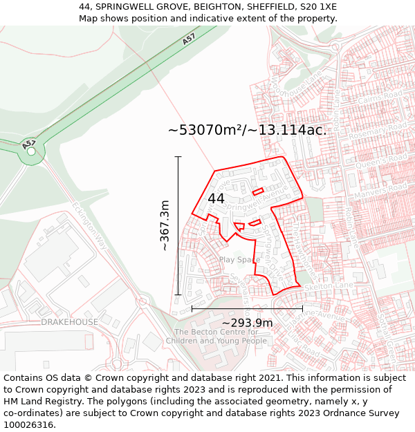 44, SPRINGWELL GROVE, BEIGHTON, SHEFFIELD, S20 1XE: Plot and title map