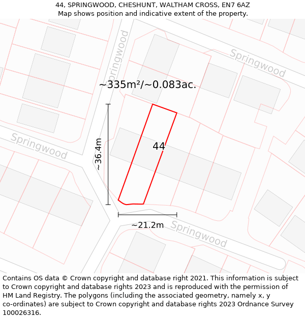 44, SPRINGWOOD, CHESHUNT, WALTHAM CROSS, EN7 6AZ: Plot and title map