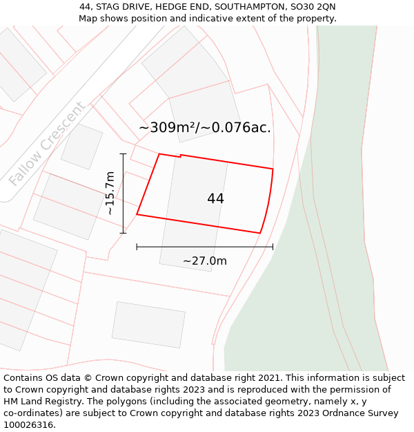 44, STAG DRIVE, HEDGE END, SOUTHAMPTON, SO30 2QN: Plot and title map