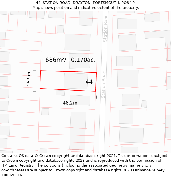 44, STATION ROAD, DRAYTON, PORTSMOUTH, PO6 1PJ: Plot and title map