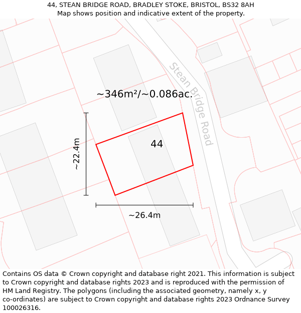 44, STEAN BRIDGE ROAD, BRADLEY STOKE, BRISTOL, BS32 8AH: Plot and title map