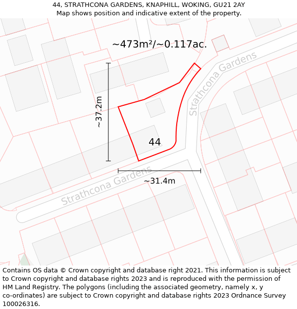 44, STRATHCONA GARDENS, KNAPHILL, WOKING, GU21 2AY: Plot and title map