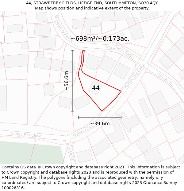 44, STRAWBERRY FIELDS, HEDGE END, SOUTHAMPTON, SO30 4QY: Plot and title map