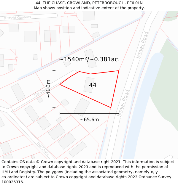 44, THE CHASE, CROWLAND, PETERBOROUGH, PE6 0LN: Plot and title map