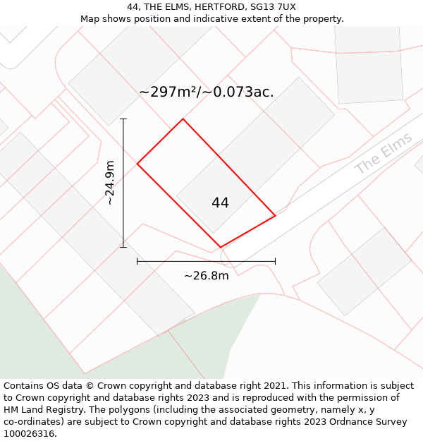 44, THE ELMS, HERTFORD, SG13 7UX: Plot and title map