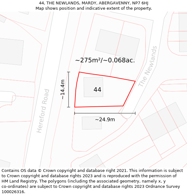 44, THE NEWLANDS, MARDY, ABERGAVENNY, NP7 6HJ: Plot and title map