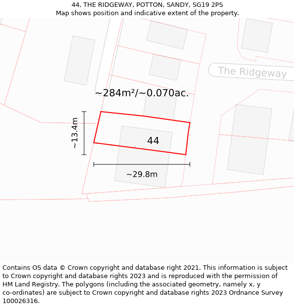 44, THE RIDGEWAY, POTTON, SANDY, SG19 2PS: Plot and title map