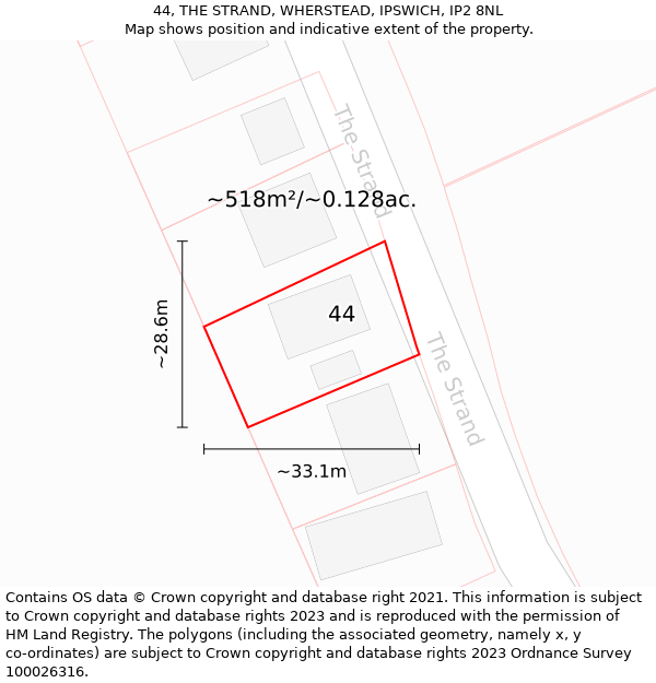 44, THE STRAND, WHERSTEAD, IPSWICH, IP2 8NL: Plot and title map