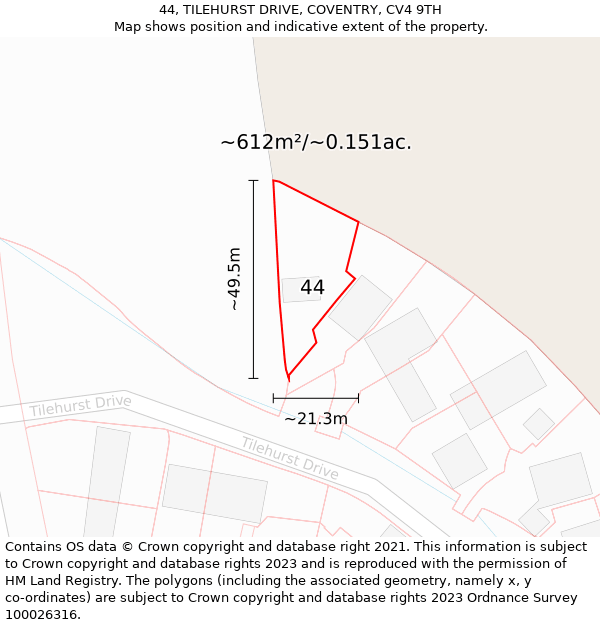 44, TILEHURST DRIVE, COVENTRY, CV4 9TH: Plot and title map