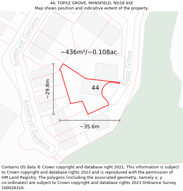 44, TOPAZ GROVE, MANSFIELD, NG18 4XE: Plot and title map