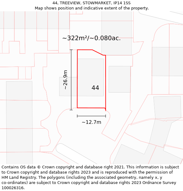 44, TREEVIEW, STOWMARKET, IP14 1SS: Plot and title map