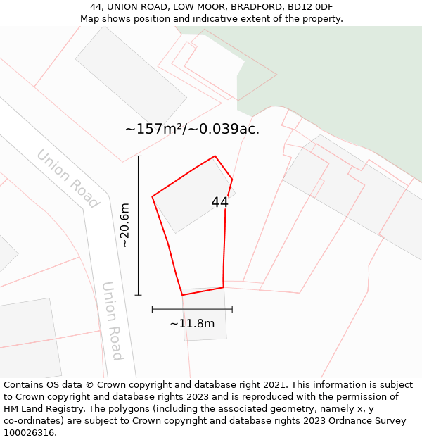 44, UNION ROAD, LOW MOOR, BRADFORD, BD12 0DF: Plot and title map