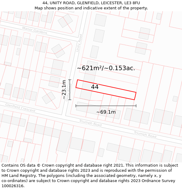 44, UNITY ROAD, GLENFIELD, LEICESTER, LE3 8FU: Plot and title map