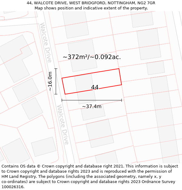 44, WALCOTE DRIVE, WEST BRIDGFORD, NOTTINGHAM, NG2 7GR: Plot and title map