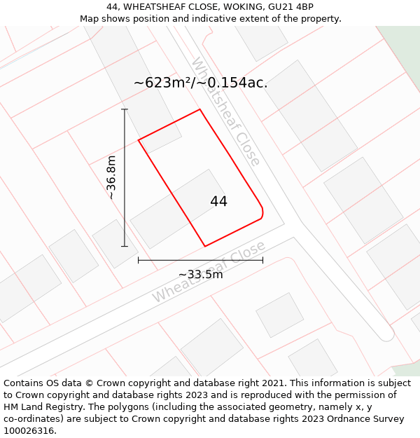 44, WHEATSHEAF CLOSE, WOKING, GU21 4BP: Plot and title map