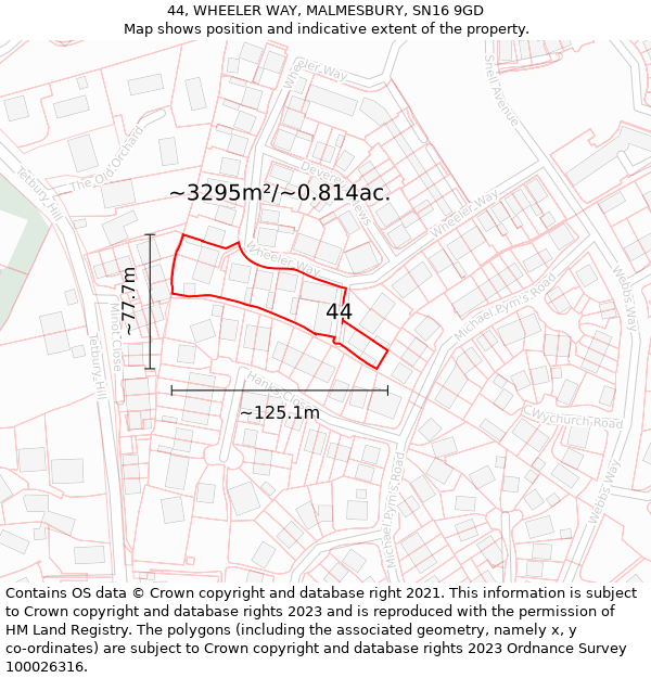 44, WHEELER WAY, MALMESBURY, SN16 9GD: Plot and title map