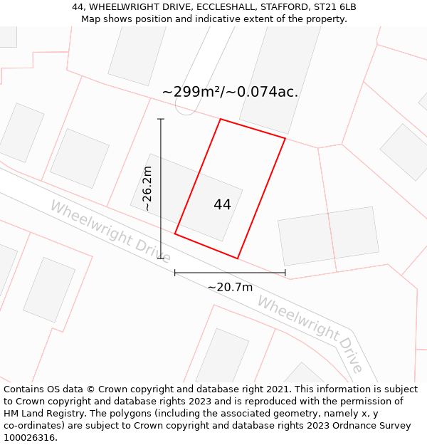 44, WHEELWRIGHT DRIVE, ECCLESHALL, STAFFORD, ST21 6LB: Plot and title map