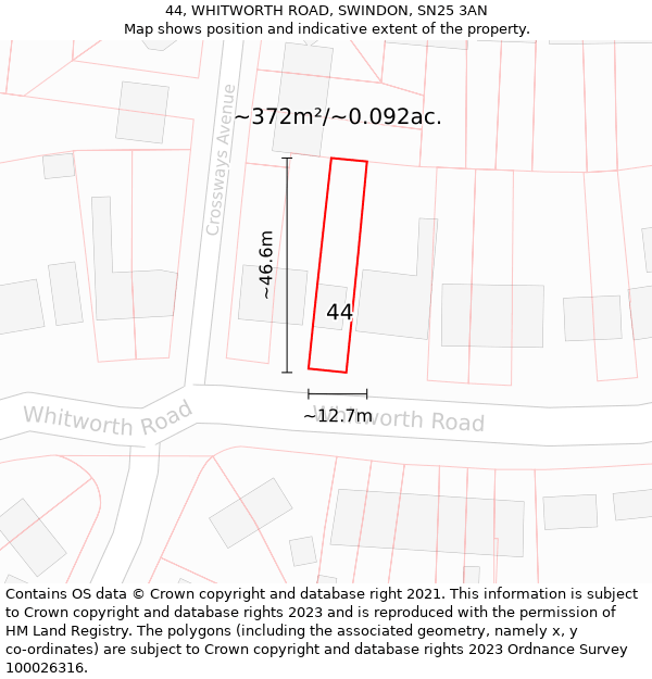 44, WHITWORTH ROAD, SWINDON, SN25 3AN: Plot and title map