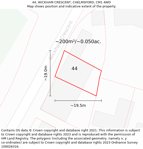 44, WICKHAM CRESCENT, CHELMSFORD, CM1 4WD: Plot and title map