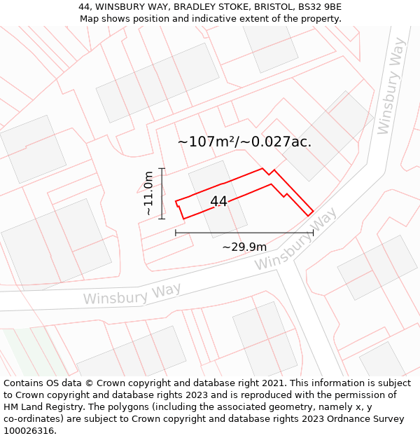 44, WINSBURY WAY, BRADLEY STOKE, BRISTOL, BS32 9BE: Plot and title map