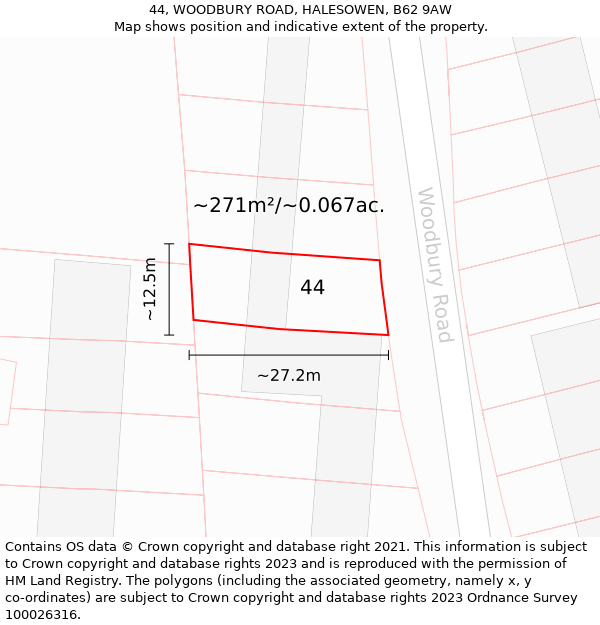 44, WOODBURY ROAD, HALESOWEN, B62 9AW: Plot and title map