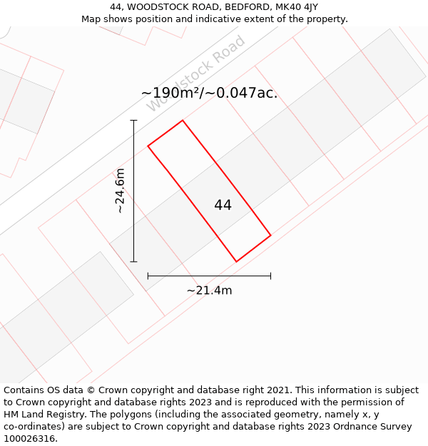 44, WOODSTOCK ROAD, BEDFORD, MK40 4JY: Plot and title map