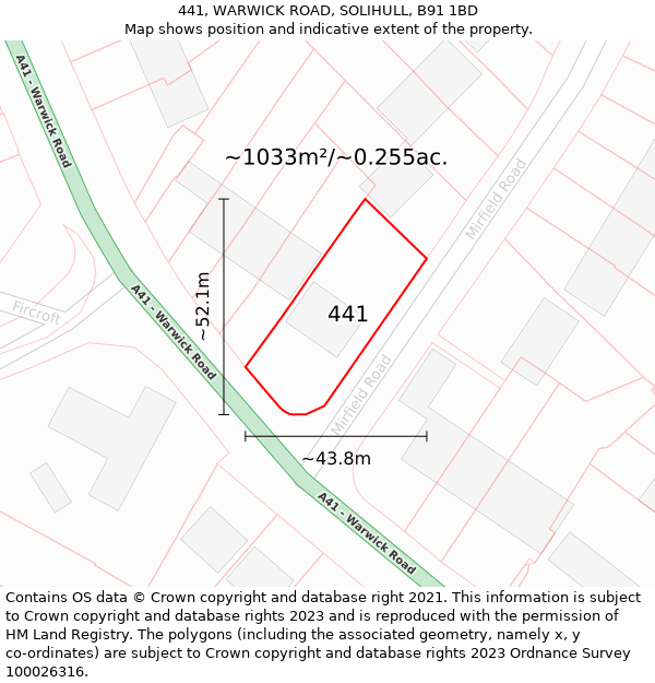 441, WARWICK ROAD, SOLIHULL, B91 1BD: Plot and title map