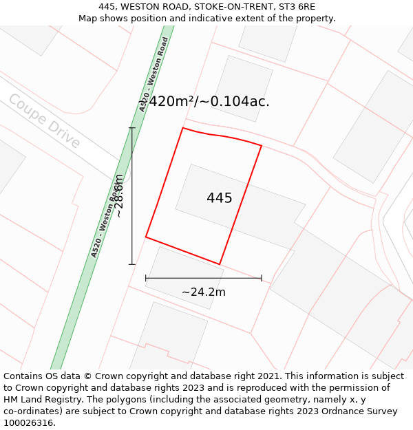 445, WESTON ROAD, STOKE-ON-TRENT, ST3 6RE: Plot and title map