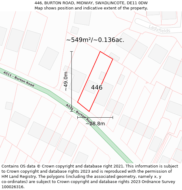 446, BURTON ROAD, MIDWAY, SWADLINCOTE, DE11 0DW: Plot and title map