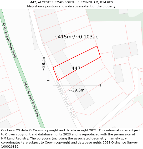 447, ALCESTER ROAD SOUTH, BIRMINGHAM, B14 6ES: Plot and title map
