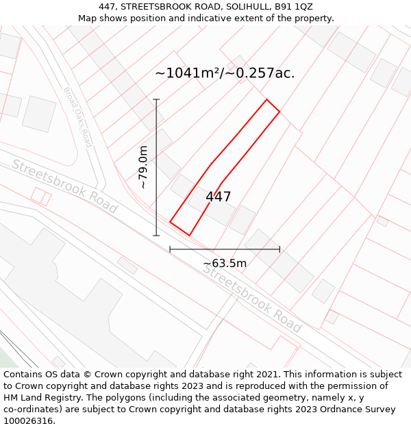 447, STREETSBROOK ROAD, SOLIHULL, B91 1QZ: Plot and title map