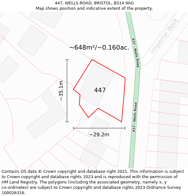 447, WELLS ROAD, BRISTOL, BS14 9AG: Plot and title map