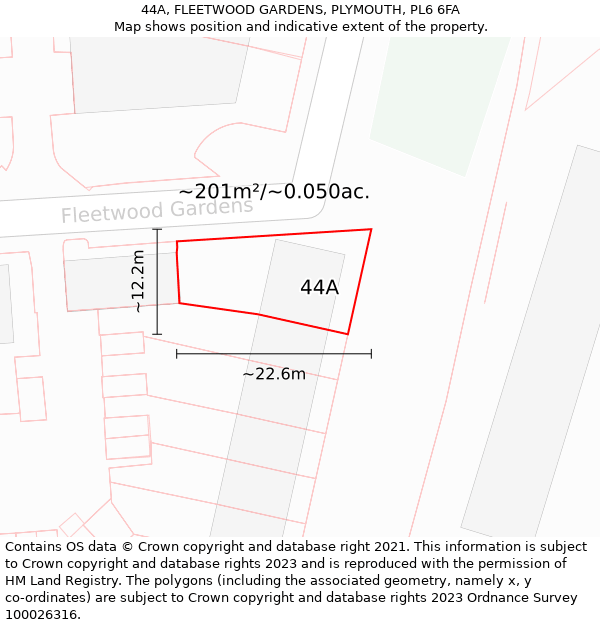 44A, FLEETWOOD GARDENS, PLYMOUTH, PL6 6FA: Plot and title map